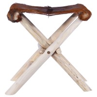 Vidaxl Folding Stool Real Leather And Solid Teak Wood