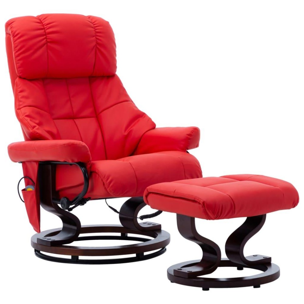 vidaXL Massage Recliner with Ottoman Red Faux Leather and Bentwood