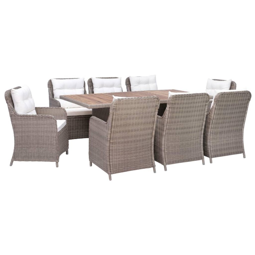 vidaXL 9 Piece Patio Dining Set with Cushions Poly Rattan Brown