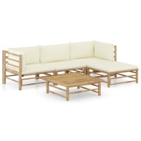 vidaXL 5 Piece Patio Lounge Set with Cream White Cushions Bamboo