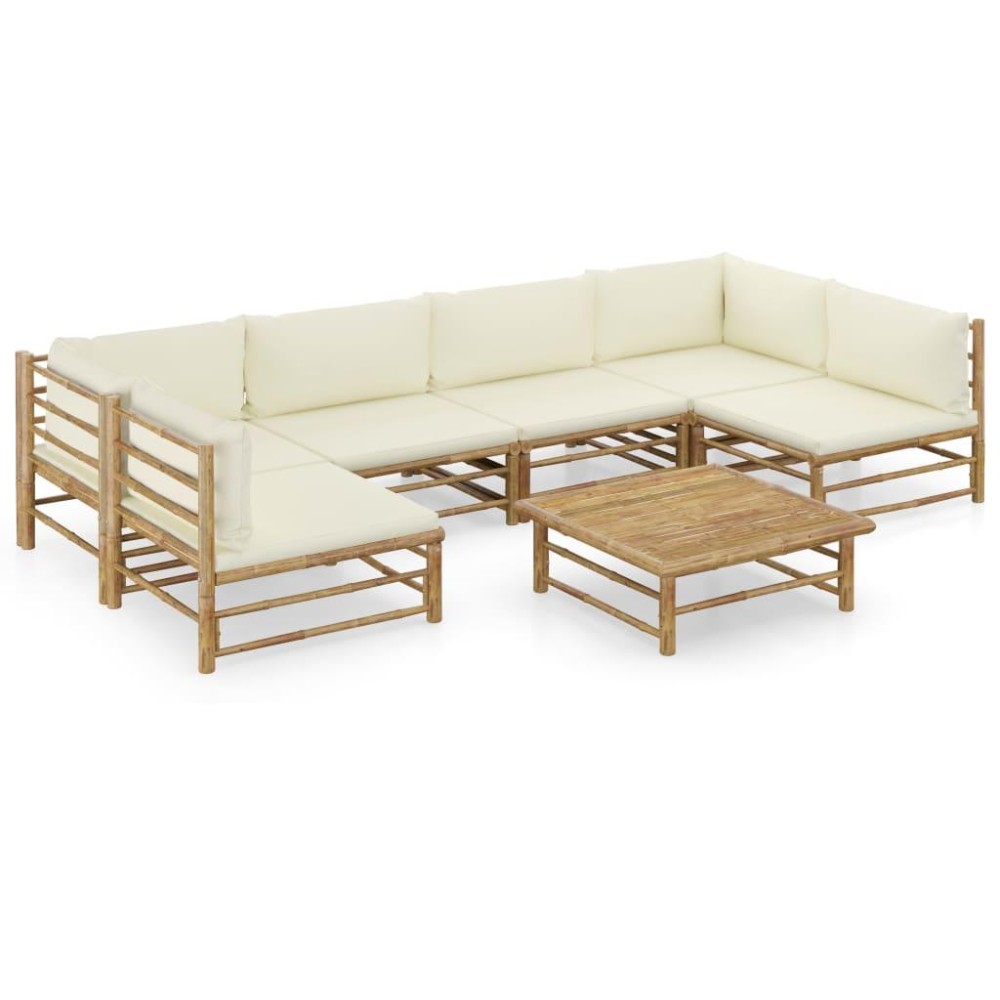 vidaXL 7 Piece Patio Lounge Set with Cream White Cushions Bamboo