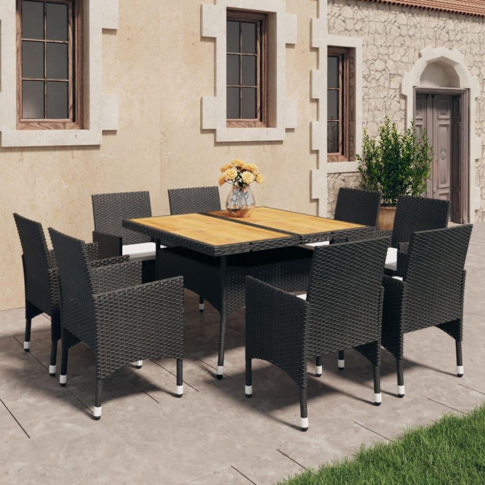 vidaXL 9 Piece Patio Dining Set Poly Rattan and Acacia Wood Black