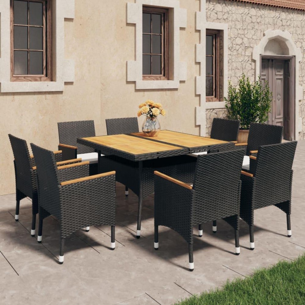 vidaXL 9 Piece Patio Dining Set Poly Rattan and Acacia Wood Black