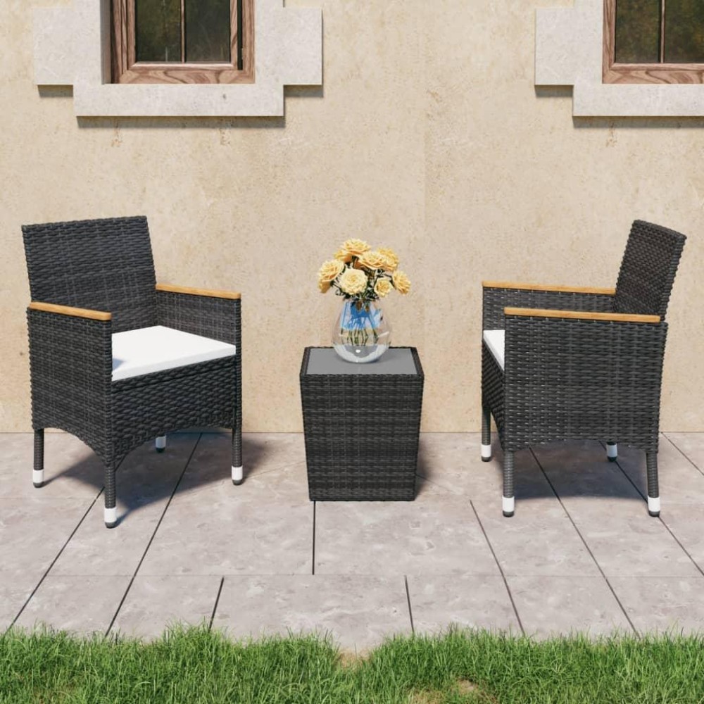 vidaXL 3 Piece Bistro Set Poly Rattan and Tempered Glass Black