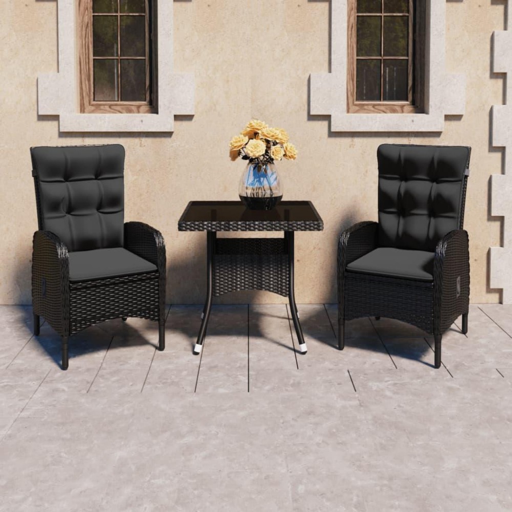 vidaXL 3 Piece Patio Dining Set Poly Rattan and Glass Black