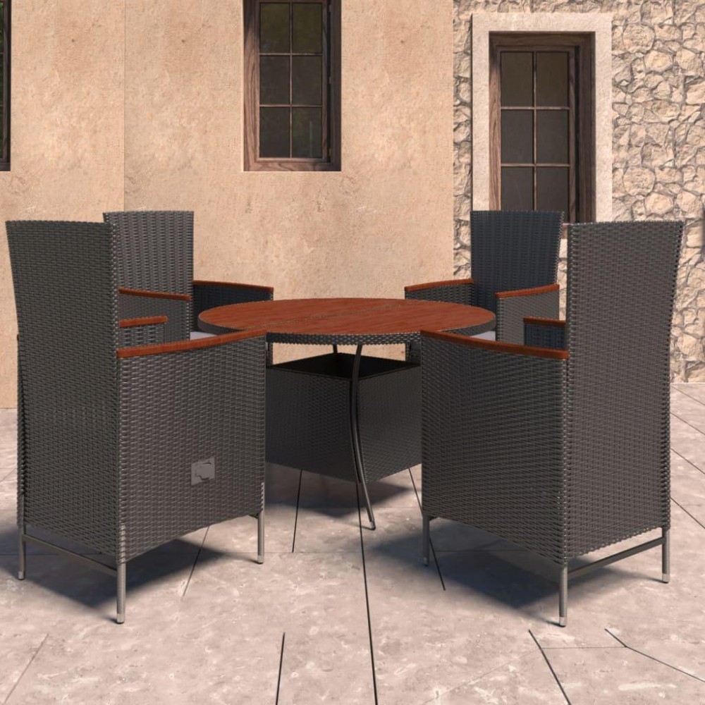 vidaXL 5 Piece Patio Dining Set with Cushions Poly Rattan Black