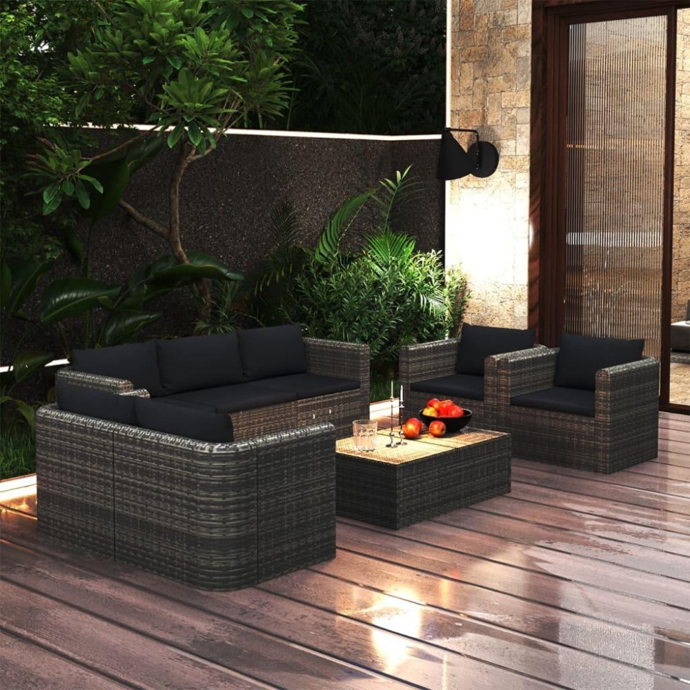 vidaXL 8 Piece Patio Lounge Set with Cushions Poly Rattan Gray