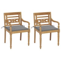 vidaXL Batavia Chairs 2 pcs with Gray Cushions Solid Teak Wood