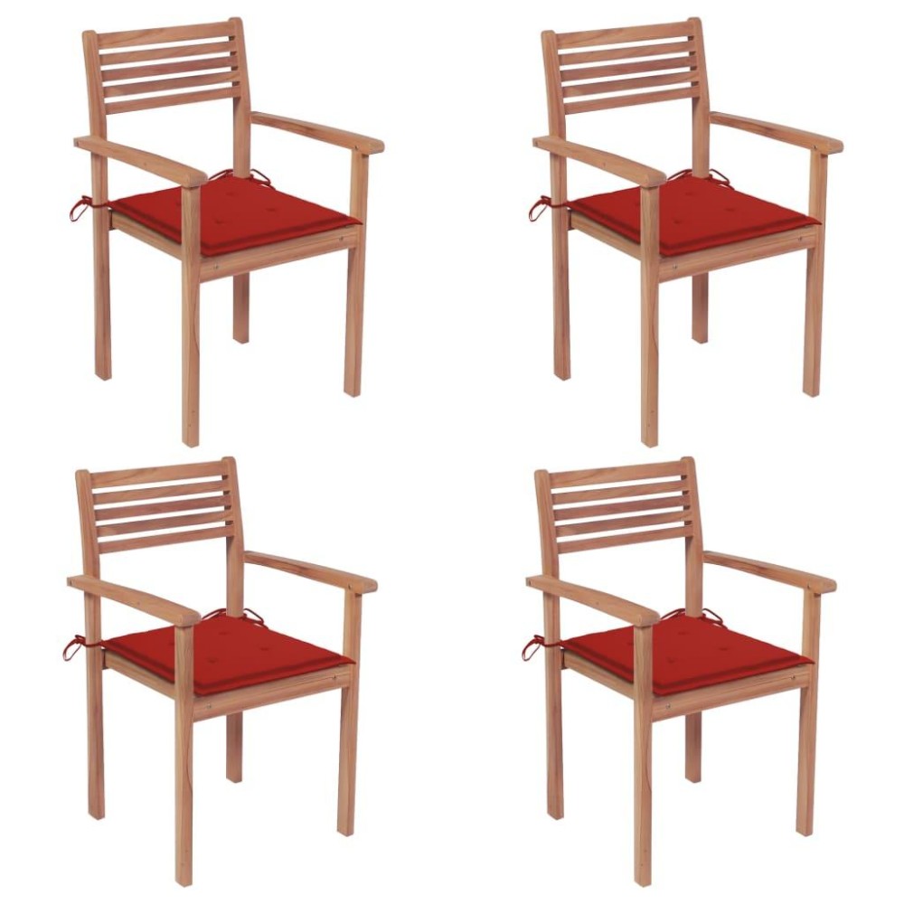 Vidaxl Patio Chairs 4 Pcs With Red Cushions Solid Teak Wood