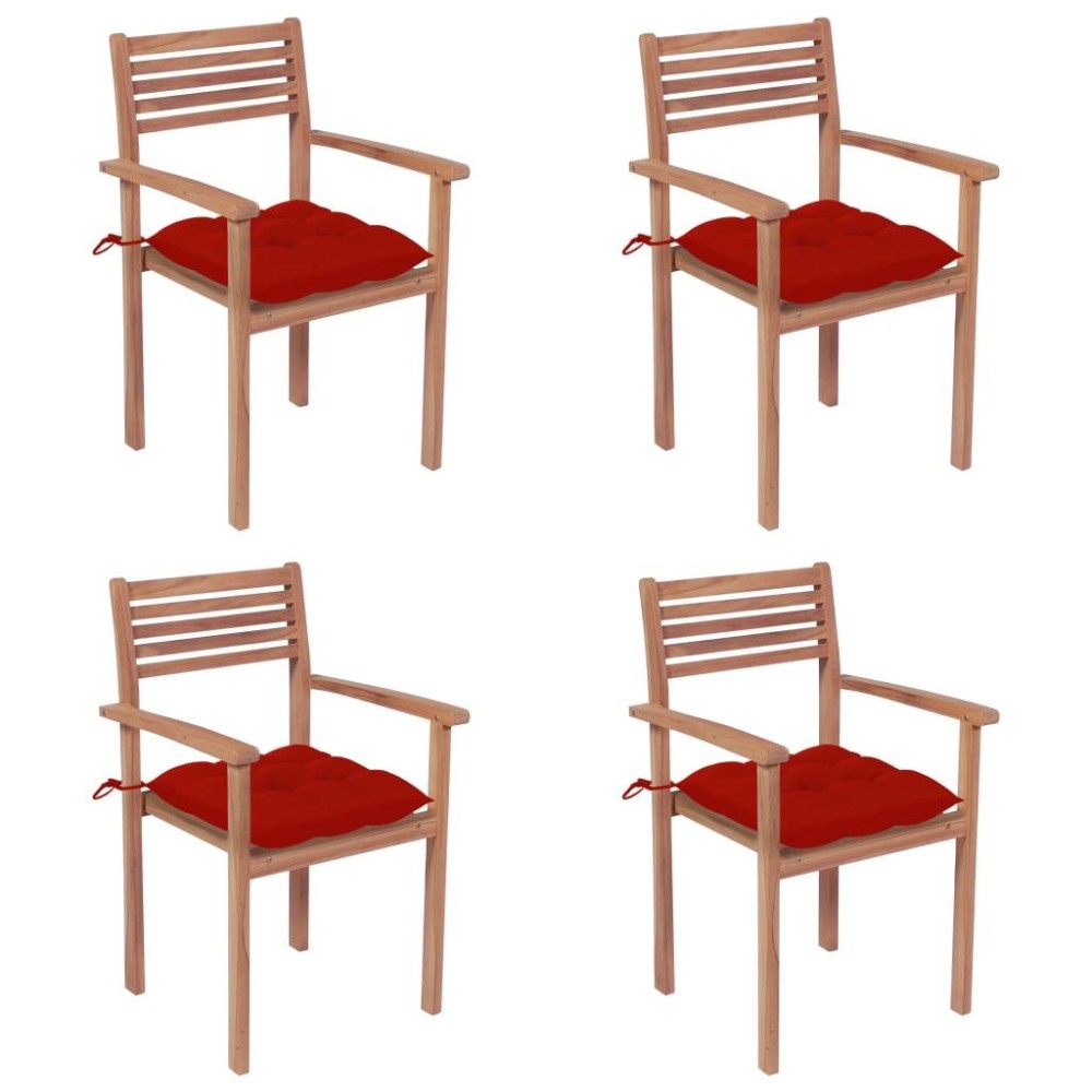 vidaXL Patio Chairs 4 pcs with Red Cushions Solid Teak Wood