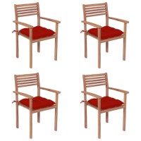 vidaXL Patio Chairs 4 pcs with Red Cushions Solid Teak Wood