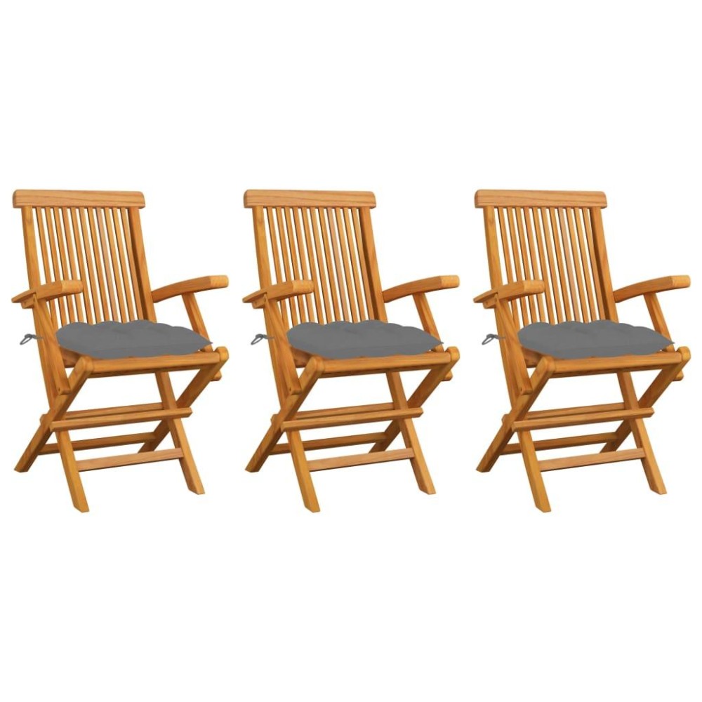 vidaXL Patio Chairs with Gray Cushions 3 pcs Solid Teak Wood