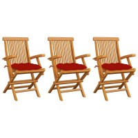 vidaXL Patio Chairs with Red Cushions 3 pcs Solid Teak Wood