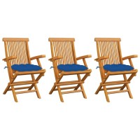 Vidaxl Patio Chairs With Blue Cushions 3 Pcs Solid Teak Wood