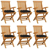 vidaXL Patio Chairs with Black Cushions 6 pcs Solid Teak Wood