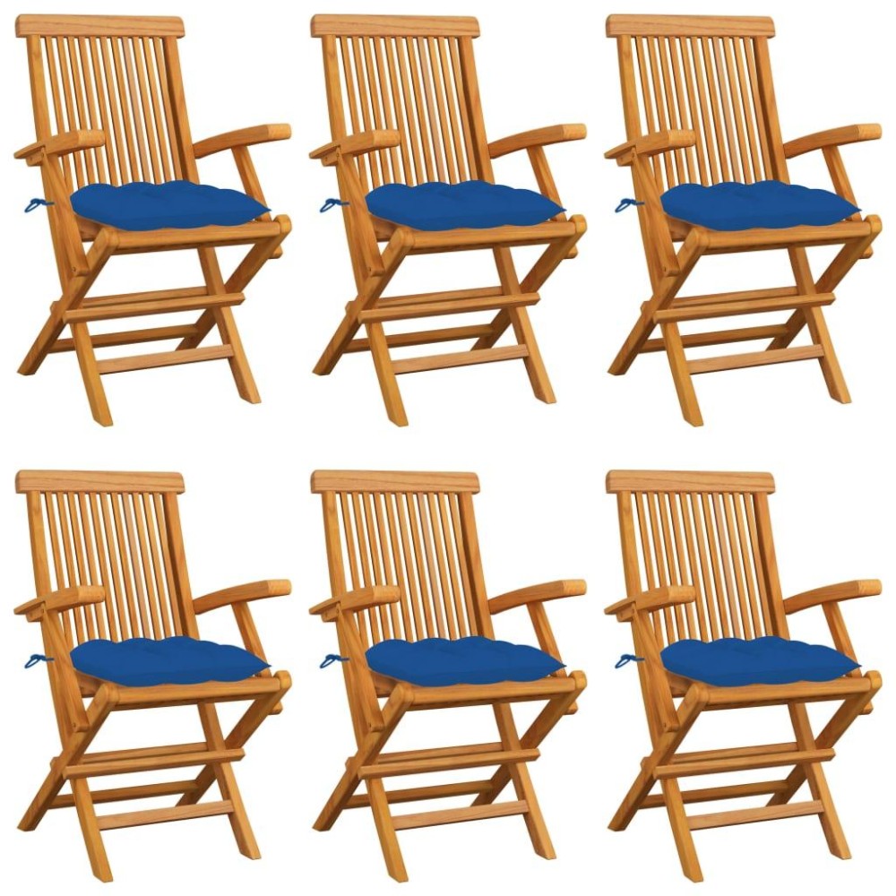 vidaXL Patio Chairs with Blue Cushions 6 pcs Solid Teak Wood