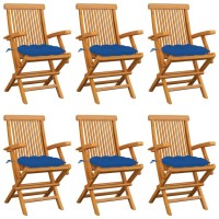 vidaXL Patio Chairs with Blue Cushions 6 pcs Solid Teak Wood