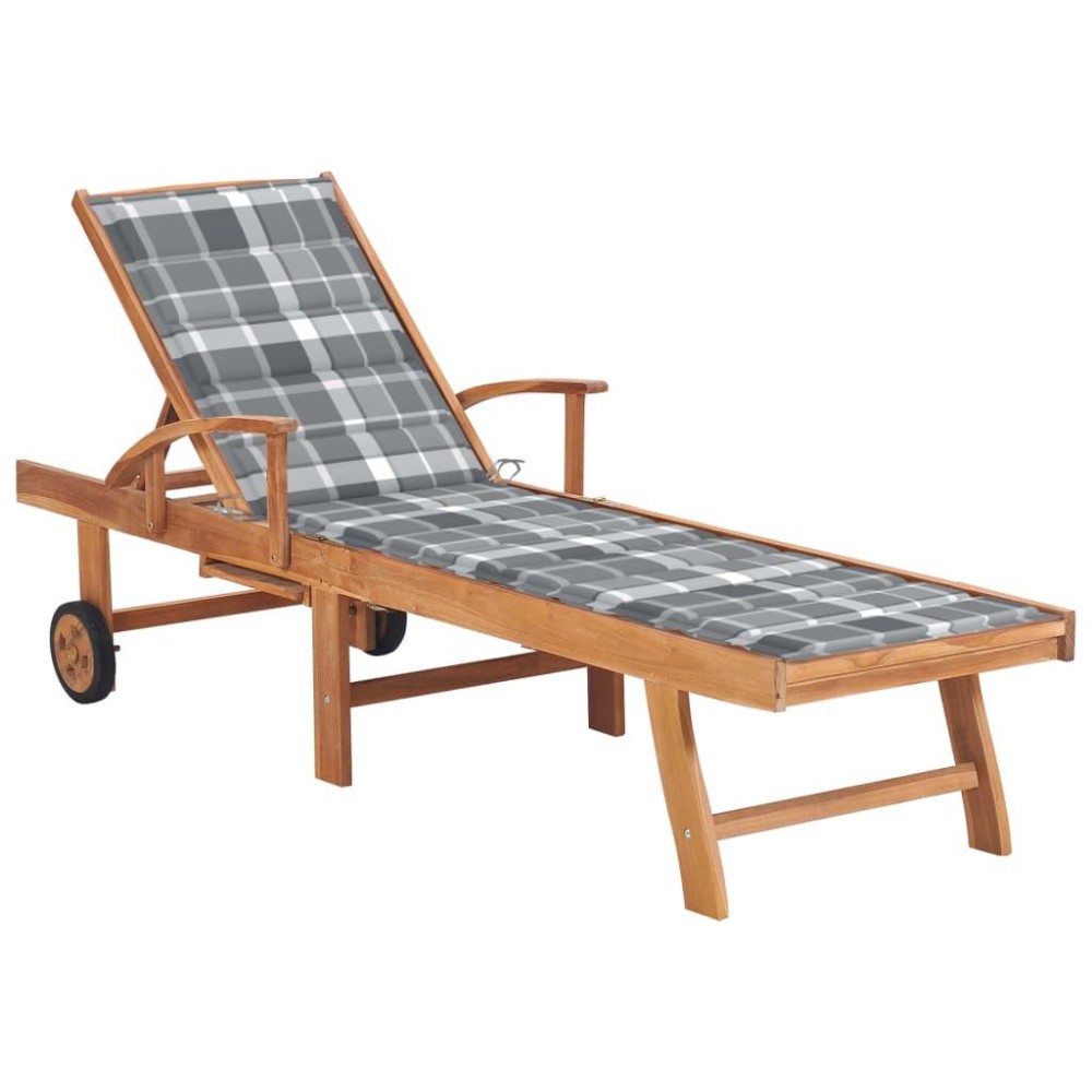 Vidaxl Sun Lounger With Gray Check Pattern Cushion Solid Teak Wood