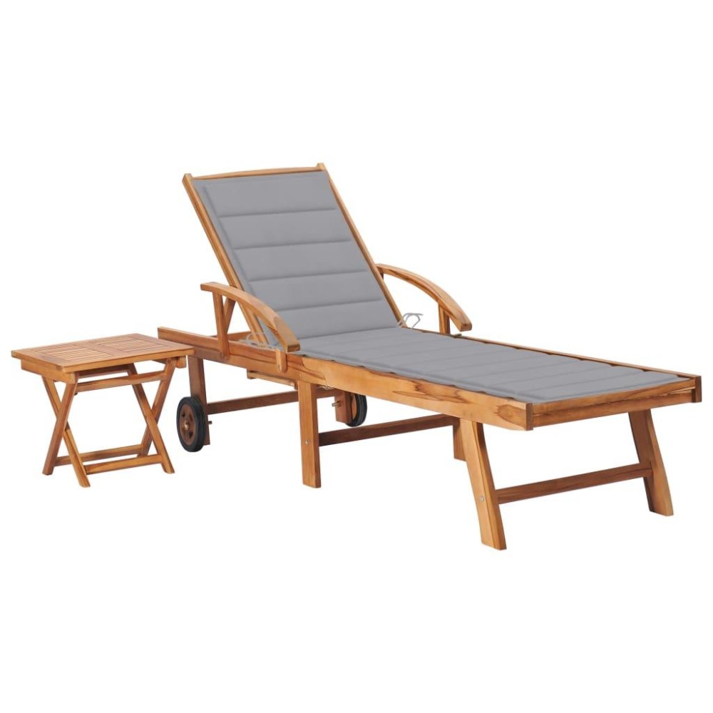 vidaXL Sun Lounger with Table and Cushion Solid Teak Wood