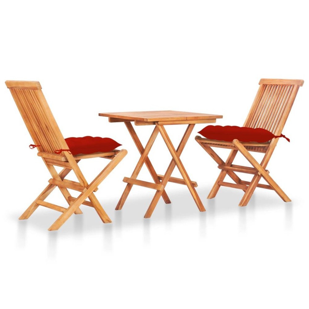 vidaXL 3 Piece Bistro Set with Red Cushions Solid Teak Wood