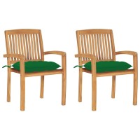 Vidaxl Patio Chairs 2 Pcs With Green Cushions Solid Teak Wood