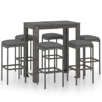 vidaXL 7 Piece Patio Bar Set with Cushions Poly Rattan Gray