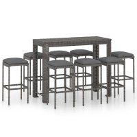 vidaXL 9 Piece Patio Bar Set with Cushions Poly Rattan Gray