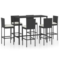 vidaXL 7 Piece Patio Bar Set with Cushions Poly Rattan Black