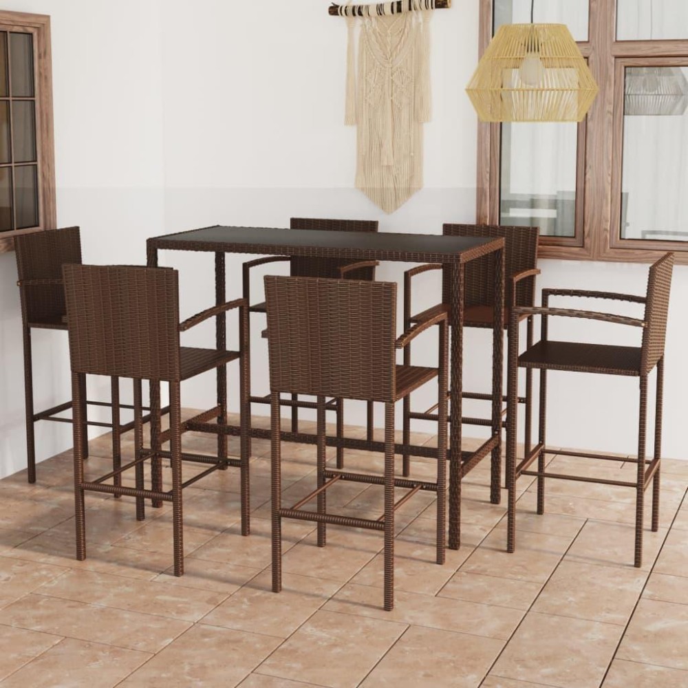 vidaXL 7 Piece Patio Bar Set Poly Rattan Brown