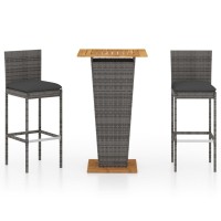 vidaXL 3 Piece Patio Bar Set with Cushions Poly Rattan Gray