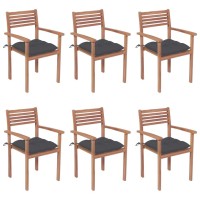 vidaXL Stackable Patio Chairs with Cushions 6 pcs Solid Teak Wood