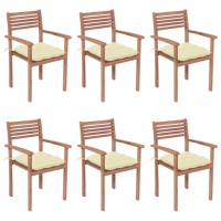 vidaXL Stackable Patio Chairs with Cushions 6 pcs Solid Teak Wood