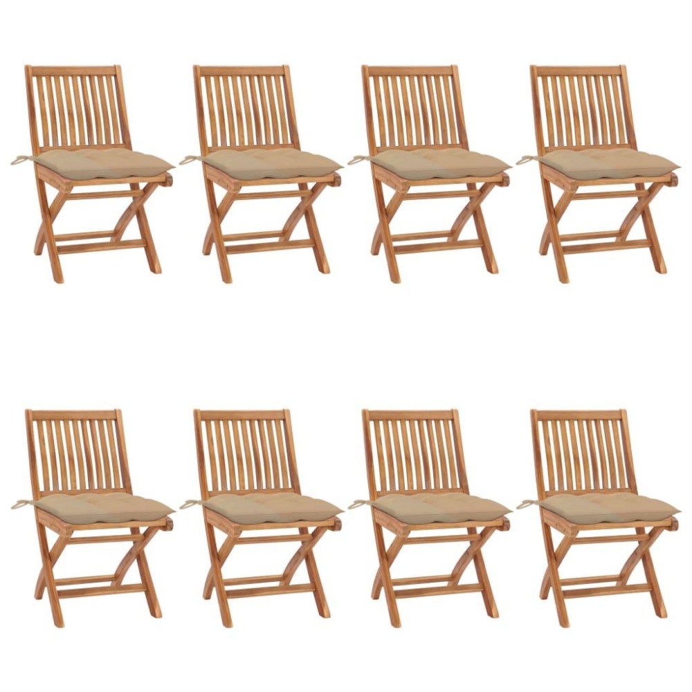 vidaXL Folding Patio Chairs with Cushions 8 pcs Solid Teak Wood