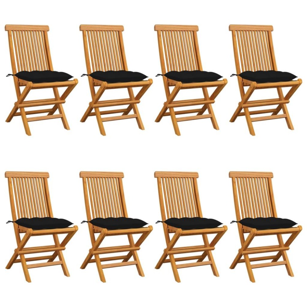 vidaXL Patio Chairs with Black Cushions 8 pcs Solid Teak Wood