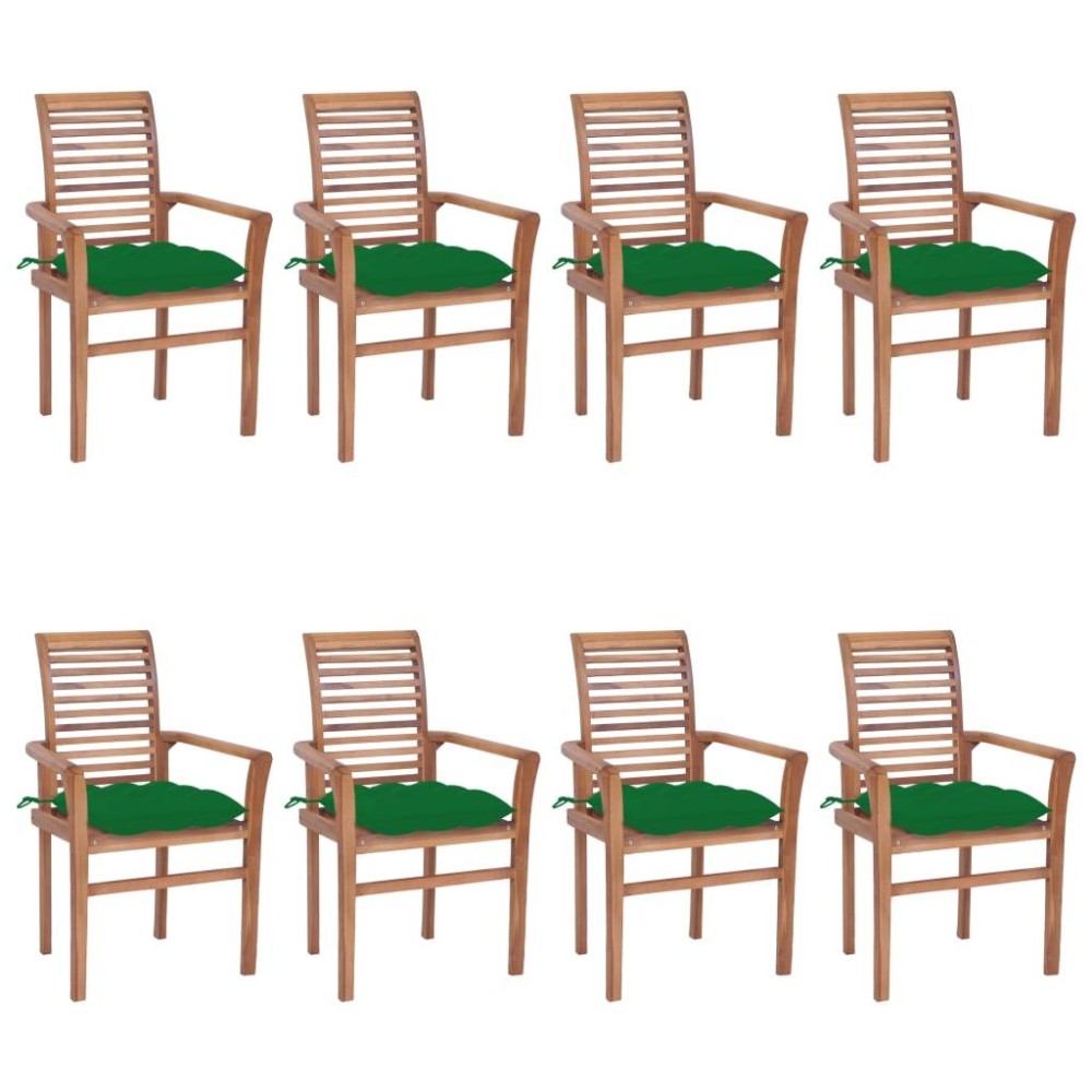 vidaXL Dining Chairs 8 pcs with Green Cushions Solid Teak Wood