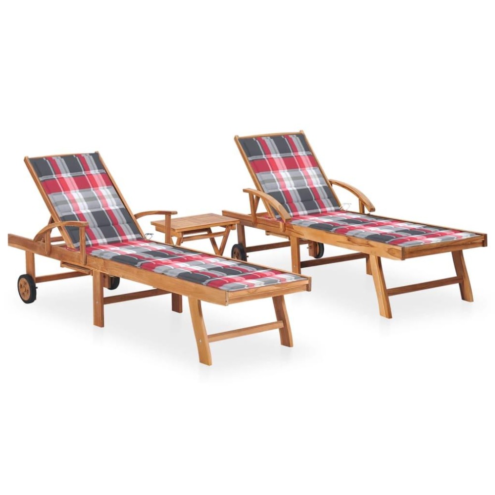 vidaXL Sun Loungers 2 pcs with Table and Cushion Solid Teak Wood