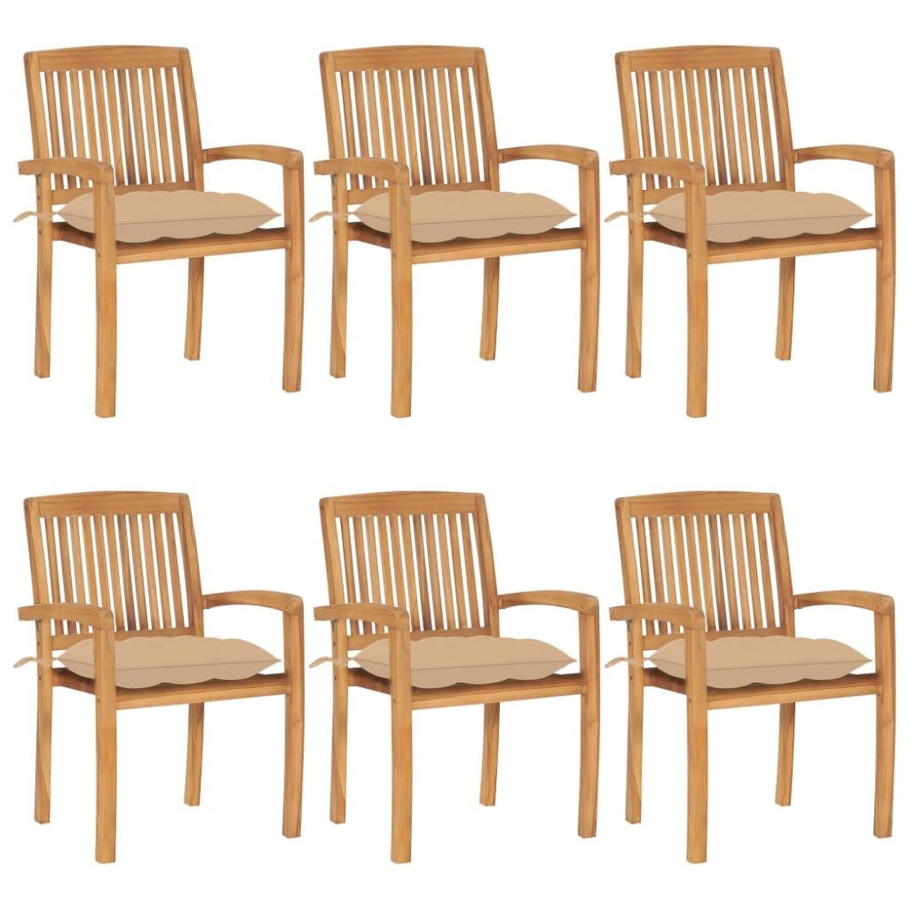 vidaXL Stacking Patio Chairs with Cushions 6 pcs Solid Teak Wood