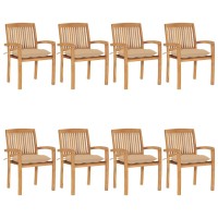 vidaXL Stacking Patio Chairs with Cushions 8 pcs Solid Teak Wood