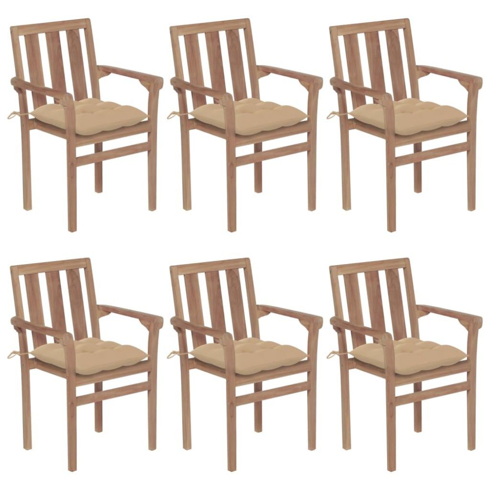 vidaXL Stackable Patio Chairs with Cushions 6 pcs Solid Teak Wood