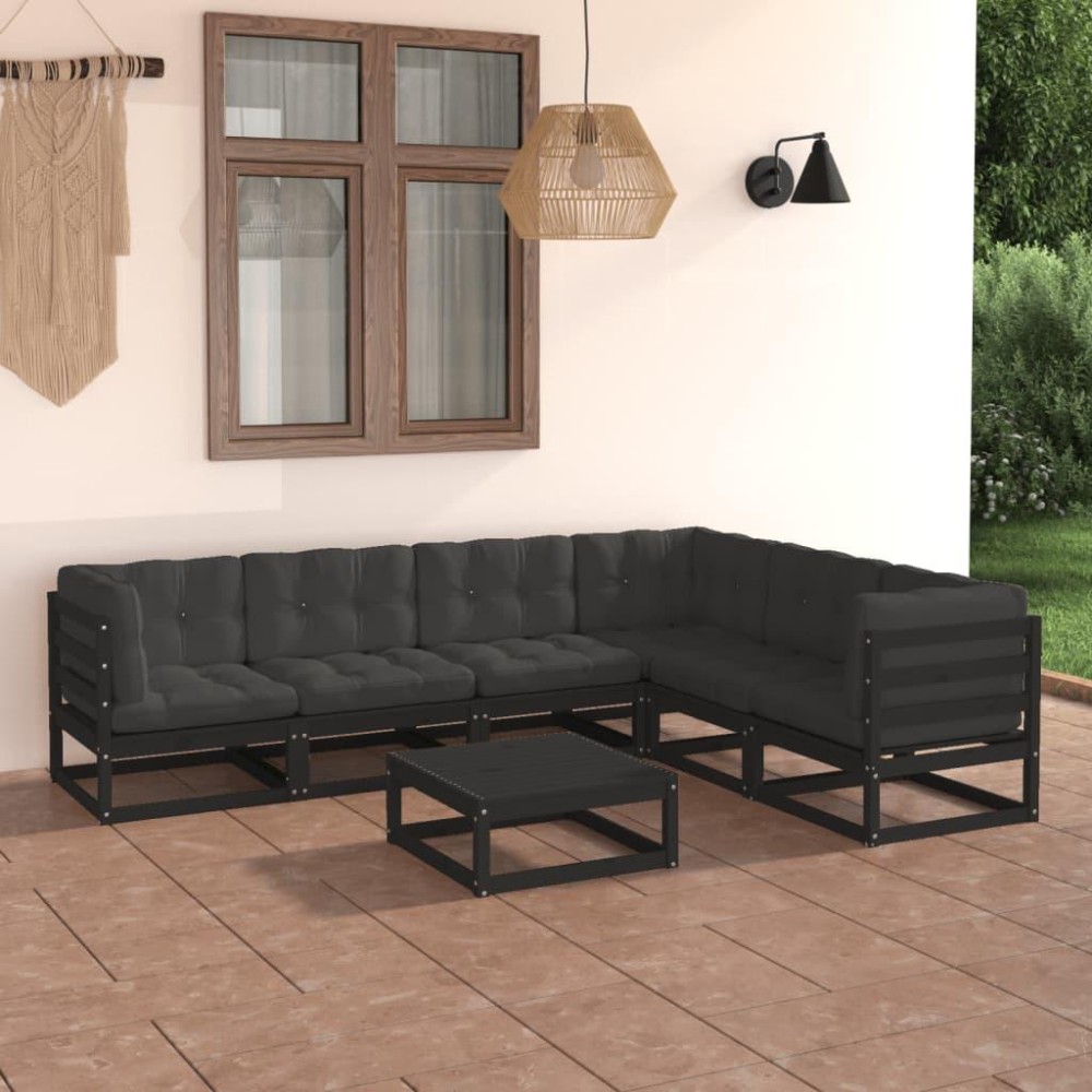 vidaXL 7 Piece Patio Lounge Set with Cushions Black Solid Pinewood