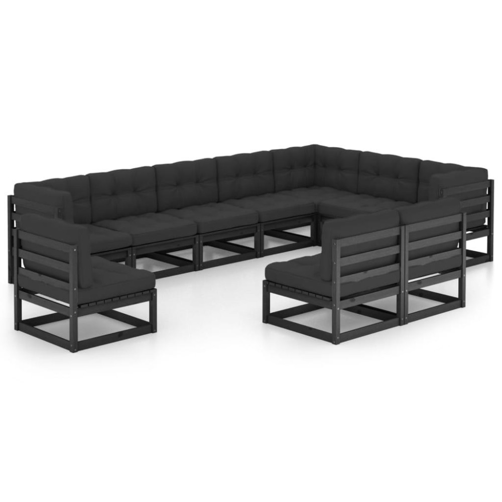 vidaXL 10 Piece Patio Lounge Set with Cushions Black Solid Pinewood