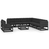 vidaXL 10 Piece Patio Lounge Set with Cushions Black Solid Pinewood