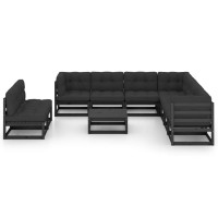 vidaXL 10 Piece Patio Lounge Set with Cushions Black Solid Pinewood