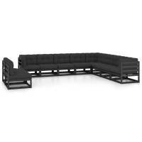 vidaXL 10 Piece Patio Lounge Set with Cushions Black Solid Pinewood