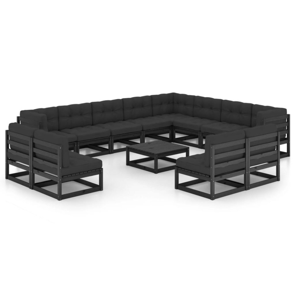 vidaXL 14 Piece Patio Lounge Set with Cushions Black Solid Pinewood