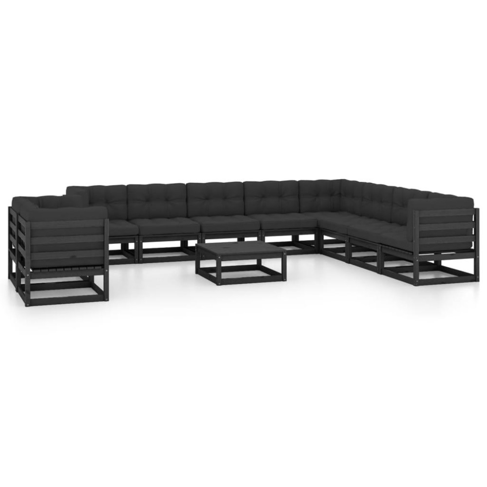 vidaXL 11 Piece Patio Lounge Set with Cushions Black Solid Pinewood