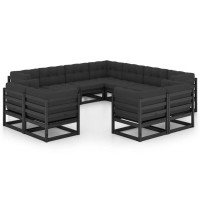 vidaXL 11 Piece Patio Lounge Set with Cushions Black Solid Pinewood