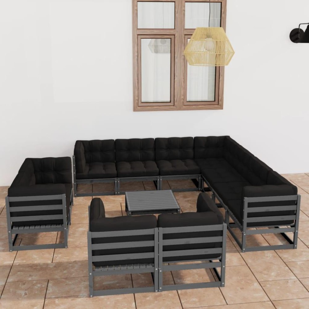 vidaXL 12 Piece Patio Lounge Set with Cushions Gray Solid Pinewood