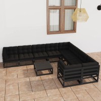 vidaXL 10 Piece Patio Lounge Set with Cushions Black Solid Pinewood