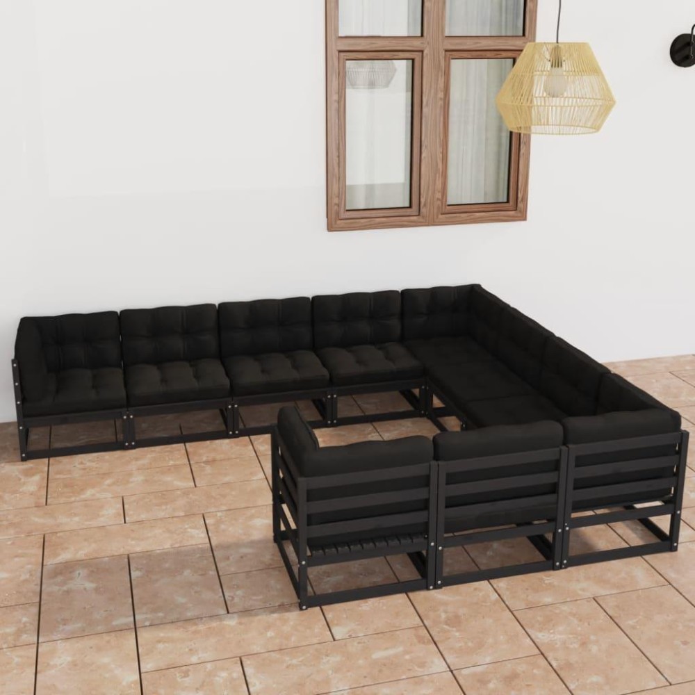 vidaXL 10 Piece Patio Lounge Set with Cushions Black Solid Pinewood